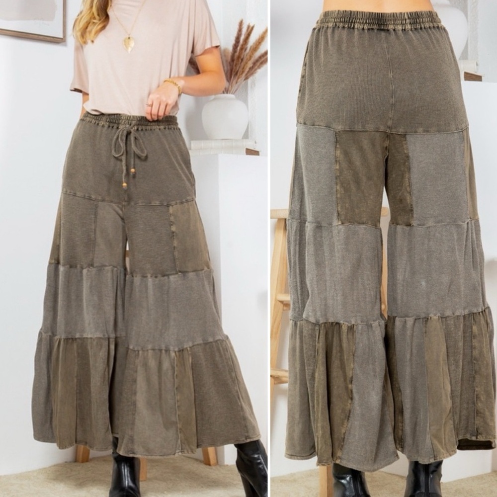 Gorgeous Cotton & Waffle Knit Patched Brown Wide Pants with Drawstring W…